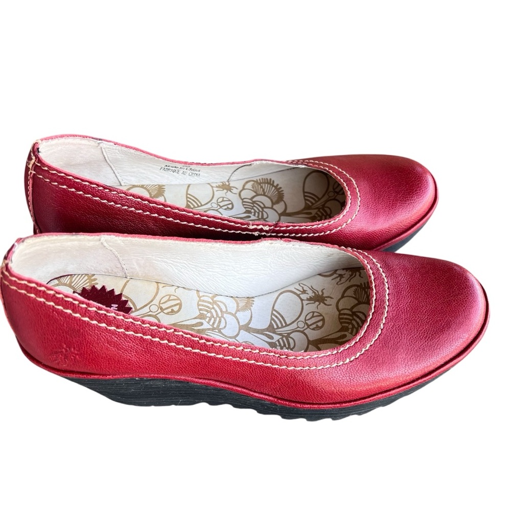 FLY LONDON Red Leather Wedge Heel Slip on Shoe. Size 9-9.5 EU 40